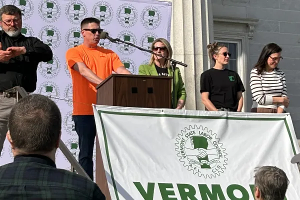 Larry Moquin kicks off the May Day Rally with President Liz Shuler