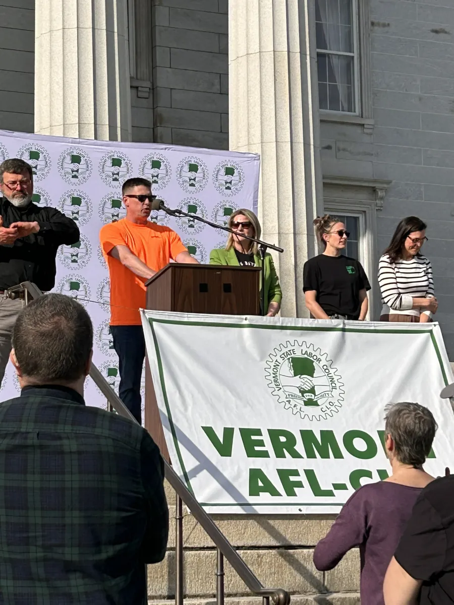 Larry Moquin kicks off the May Day Rally with President Liz Shuler
